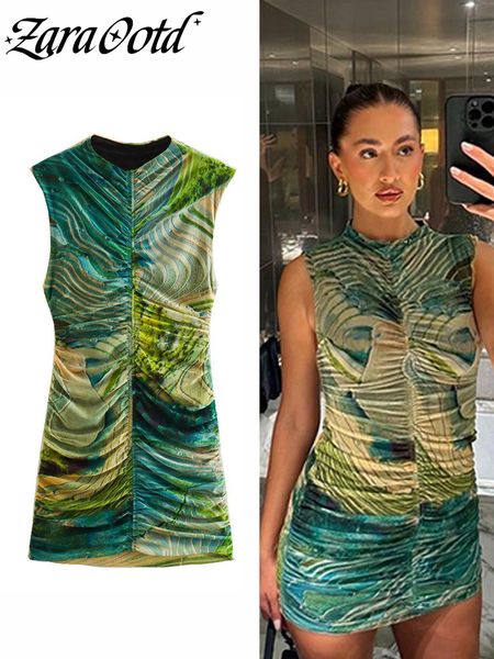 

party dresses fashion green geometric print pleated mini dress women summer oneck sleeveless short female chic slim vestidos 230508, White;black