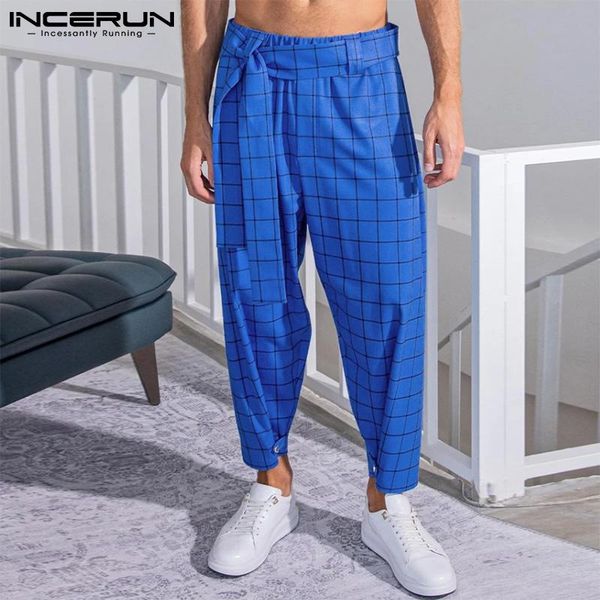 

pants incerun men plaid pants lace up pockets loose 2022 streetwear joggers casual trousers fashion leisure pantalones hombre s5xl, Black
