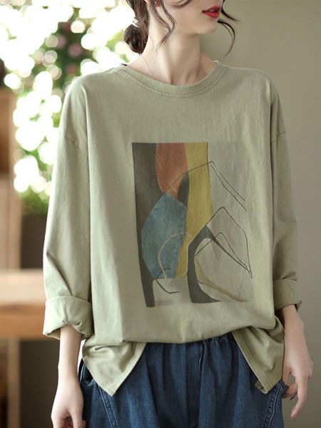 

t-shirt johnature women loose oneck tshirt casual print floral long sleeve vintage tees 2022 spring new comfortable soft tshirts, White