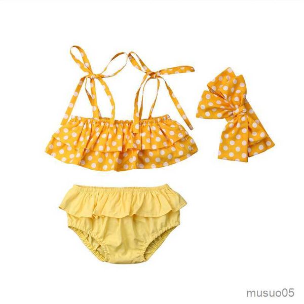 

two-pieces baby girls yellow dot swimsuit baby girls sleeveless sling bikini set ruffles swimwear girls swim clothes set, Blue