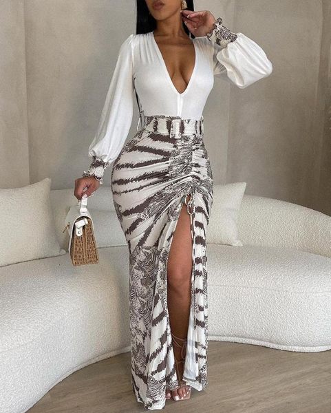 

skirts elegant dresses for women tie dye print plunge high slit drawstring maxi dress fashion summer casual 230509, Black