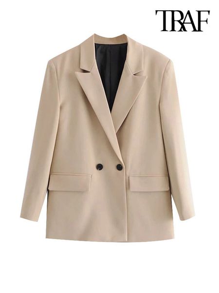

women's suits blazers traf women fashion double breasted loose fitting blazer coat vintage long sleeve pockets female outerwear chic 2, White;black