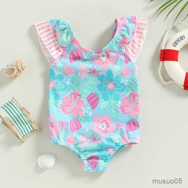 

two-pieces infant baby girl swimsuits ruffle trim floral print flying sleeves jumpsuit swimwear beachwear bathing suits, Blue