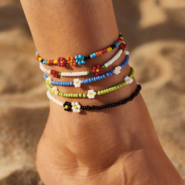 

colorful bead handmade beaded strands bracelet simple niche daisy little flower anklet for women wholesale, Black