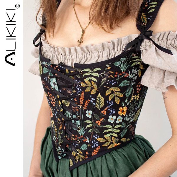 

women's tanks camis floral print vintage corset women lace up buister crop sleeveless bandage tank chest binder camisole mujer 230509, White