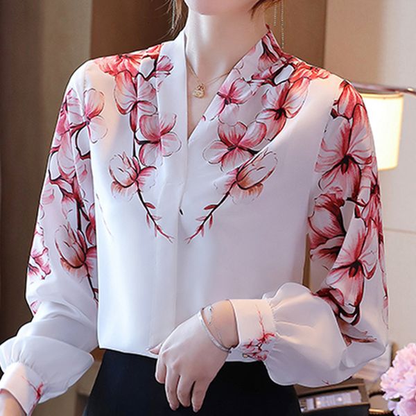 

womens blouses shirts femme white long sleeve blusas mujer de moda vneck print chiffon shirt e699 230509
