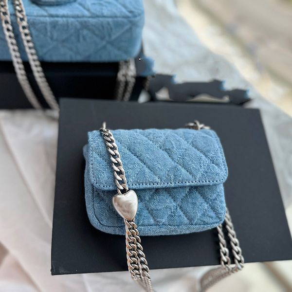 

23p womens denim camellia vanity bags with crush heart bead silver metal hardware chain crossbody shoulder handbags outdoor saoche sport lip