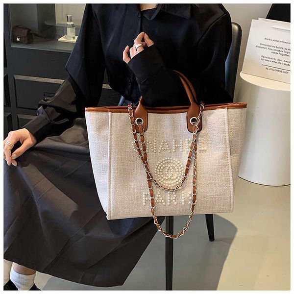 

2023 fashion handbag small wind canvas big tote grandma shopping bag pearl beaded western style handbag