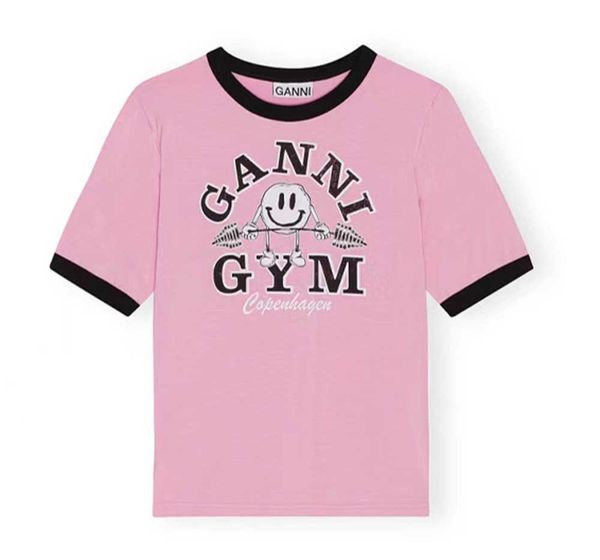 

gan women designer t shirt summer cotton new pink letter printing slim fit short sleeve tees top, White