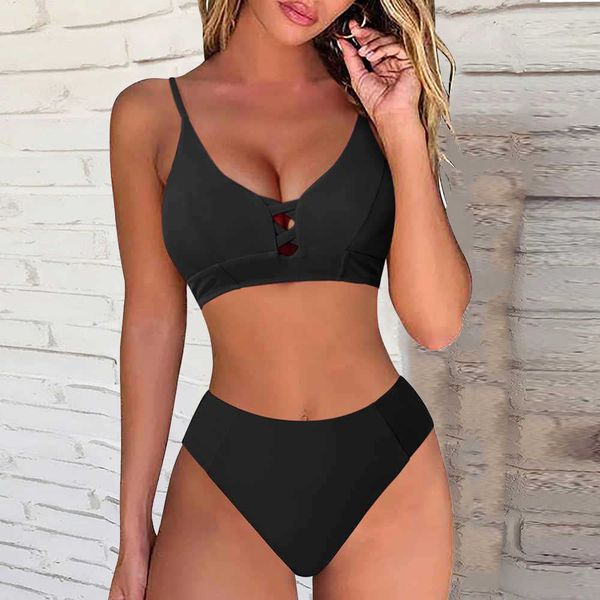 

women's plus size swimwear high waist bikini women swimsuit 2023 new swimwear solid bathing suits summer beachwear female push up bikin, Black
