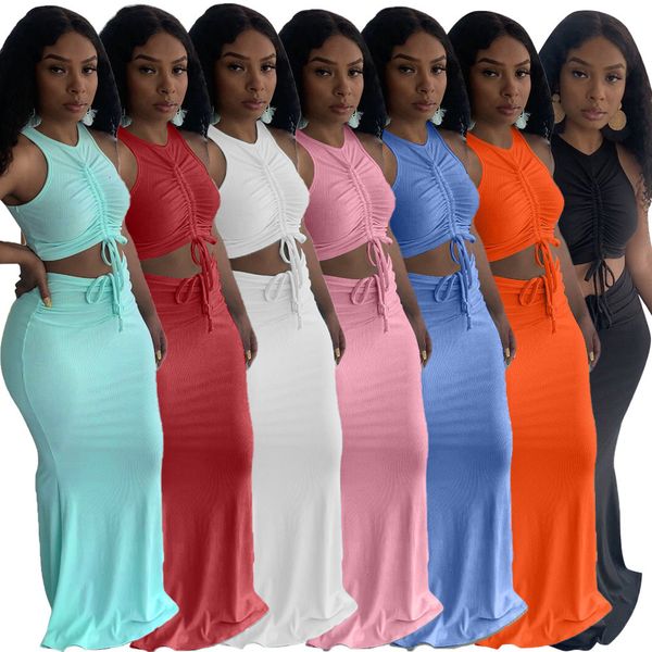 

two piece dres sets ruched drawstring sleeveless tank crop and high waist mermaid maxi skirt set for women elegant 230508, White