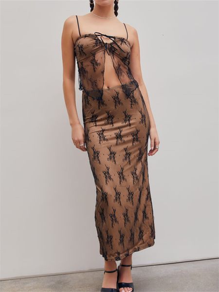 

two piece dress chronstyle 2pc sets lace bustiers sleeveless strap tank crop party club mesh see through low waist long skirts 230508, White