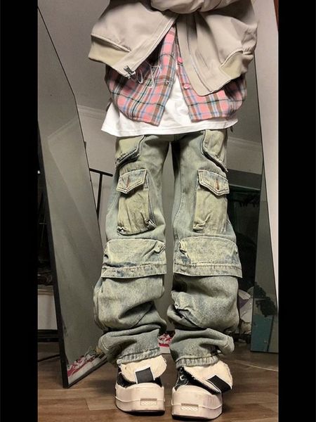 

men's jeans deeptown vintage loose cargo men distressed multipocket denim pants male baggy casual trousers streetwear hip hop fashion 2, Blue