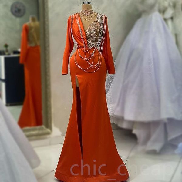 

Aso Ebi 2023 Arabic Orange Mermaid Prom Dress Beaded Crystals Satin Evening Formal Party Second Reception Birthday Engagement Gowns Dresses Robe de Soiree SH014, Yellow