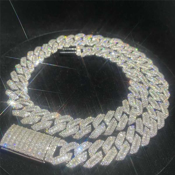 

luxury flawless moissanite baguette diamond fully iced clasp cuban link chain gold plated thick miami moissanite cuban chain, Silver