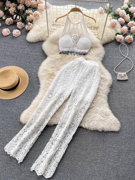 

pants singreiny women summer knitted sets halter short + wide leg long pants sets beach backless hollow out two piece suits, White