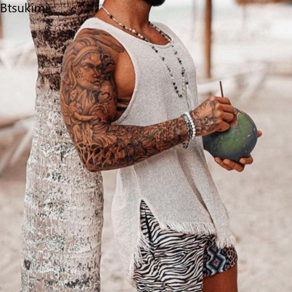 

mens tank summer vintage ripped knitted slit design vest shirt sleeveless oneck pullover gym clothing 3xl 230509, White;black