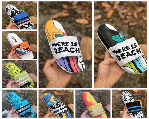 

adilette slides where is the beach sandals shoes womens mens slippers come with box size 36-45, Black