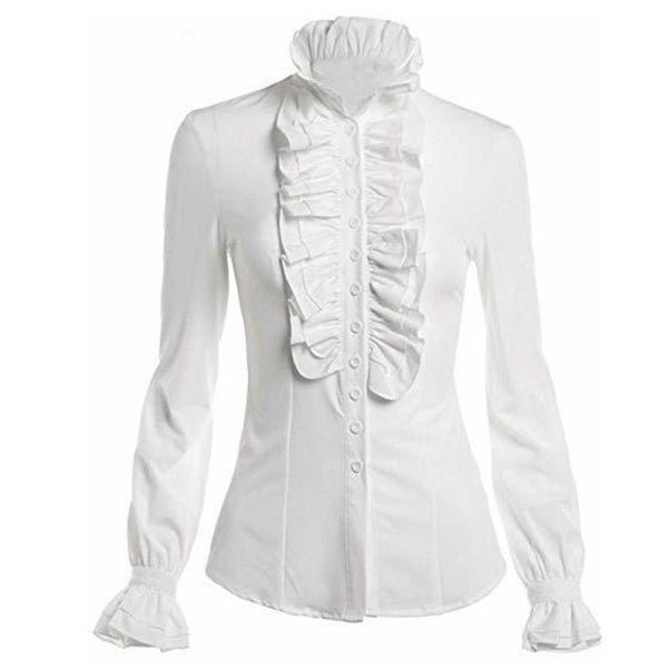 

polos womens vintage victorian shirt high neck ruffles button down blouse long sleeves slim waist office lady gothic lotus, White