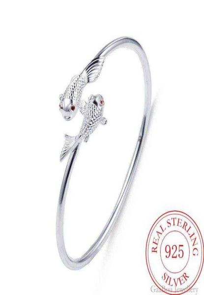 

fashion 925 sterling silver woman cuff bracelet open double fish adjustable lucky charm vintage bangle wedding jewelry gifts2630815, Black