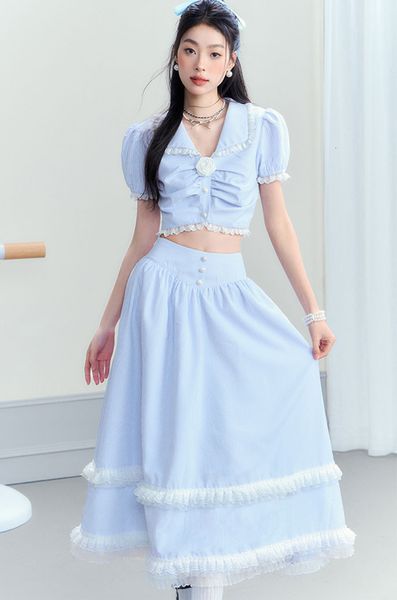 

two piece dress french holiday lace doll collar puff sleeve corsage flowers high waist midi length skirt 2 set women outfit korean style 230, White