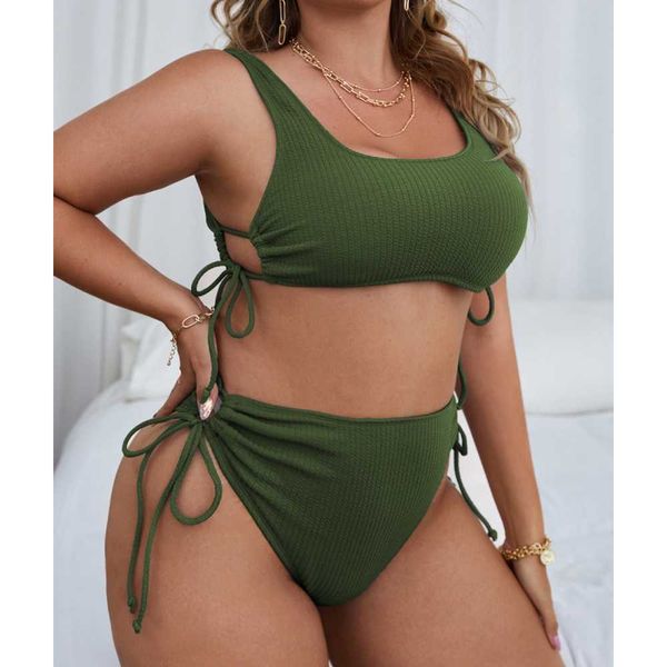 

women's plus size swimwear cikini bathing suit for women 2023 fashion string lace up two piece swimsuit solid high waist plus size beac, Black