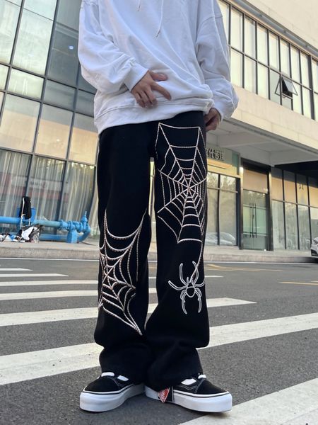 

men's jeans hip hop high street spider web printed men and women y2k loose straight wide leg pants brand trousers streetwear 230509, Blue