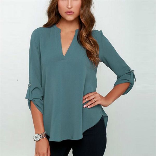 

women's blouses shirts women summer chiffon solid shirt blouses v neck three quarter sleeve irregular hem plus size casual loose blouse, White