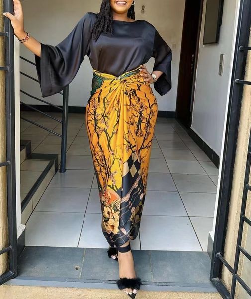 

two piece dress african printed sets skirt womens oneck loose flare sleeve laceup 2 suit 230508, White