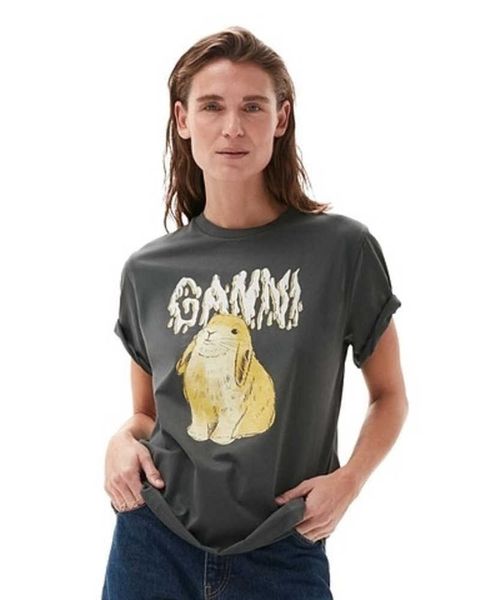 

23ss ganni women designer fashion t shirt new summer cotton print grey round neck short sleeve casual tees loose fashion beach tees polo, White