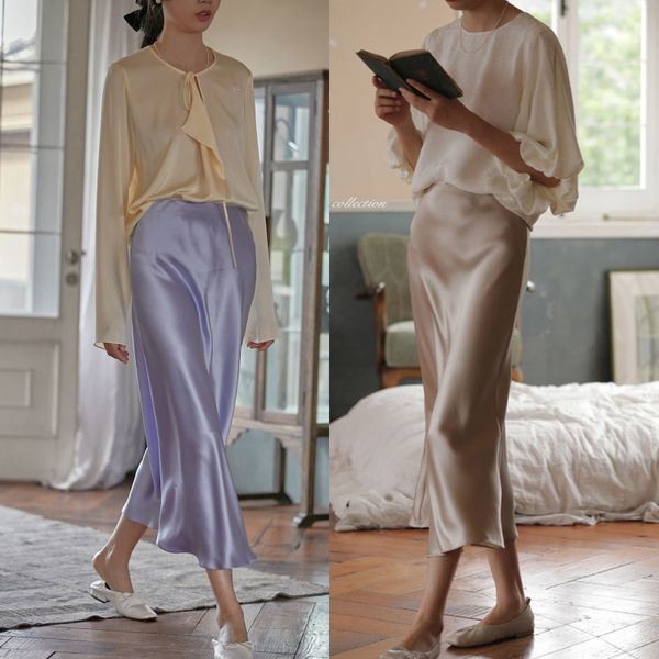 

skirts women elegant korean fashion satin silk aline skirt office black champagne long summer for lady 230509