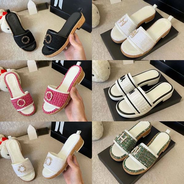 

designer slippers women sandals cotton slides crystal calf leather sandal linenplatform summer beach slipper sandal slide, Black
