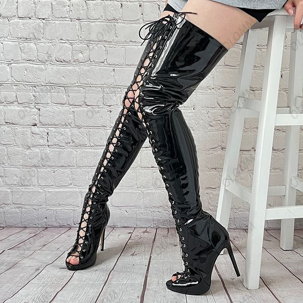 

olomm new women summer over the knee boots patent stiletto high heels peep toe gorgeous nude night club shoes women us size 5-20, Black