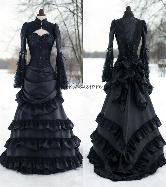 

gothic black wedding dress 2023 celtic medieval long sleeve queen country wedding gowns ruffles lace corset cosplay bride party vestidos de, White