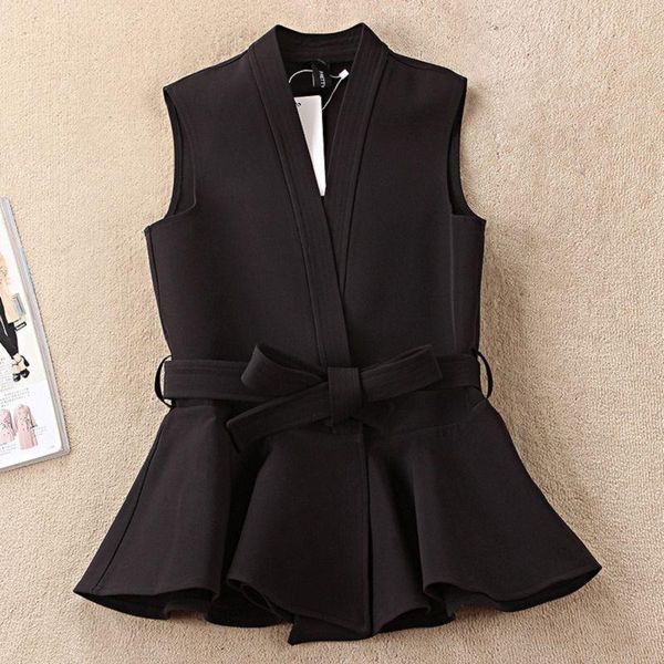 

leather 2020 new spring women casual short sleeveless vest lady vintage sleeveless blouses women bow belt ruffles a194, Black