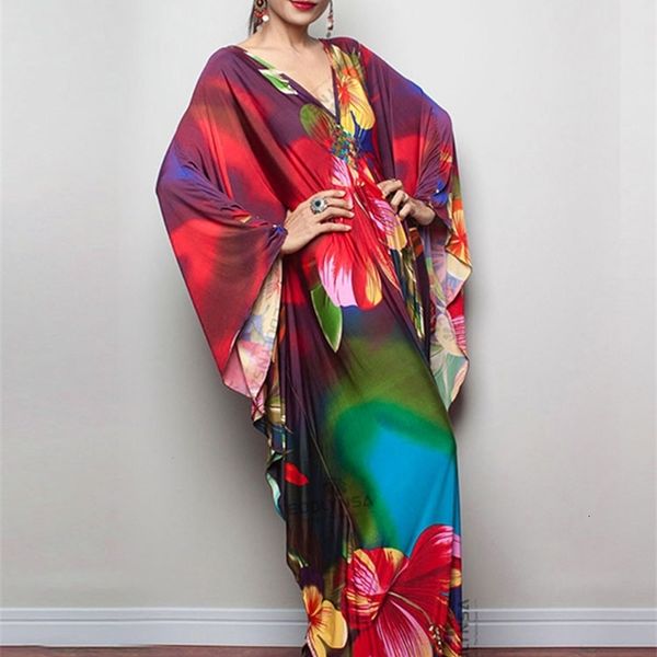 

women's swimwear 2023 print maxi dress batwing sleeve tunic spring autumn beach casual plus size women beachwear kaftan coverups q1289, White;black