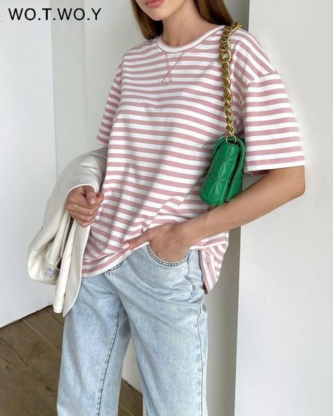 

women's t-shirt wotwoy summer short sleeve striped t-shirts women knitted basic casual female cozy loose cotton tees harajuku shirt 23, White