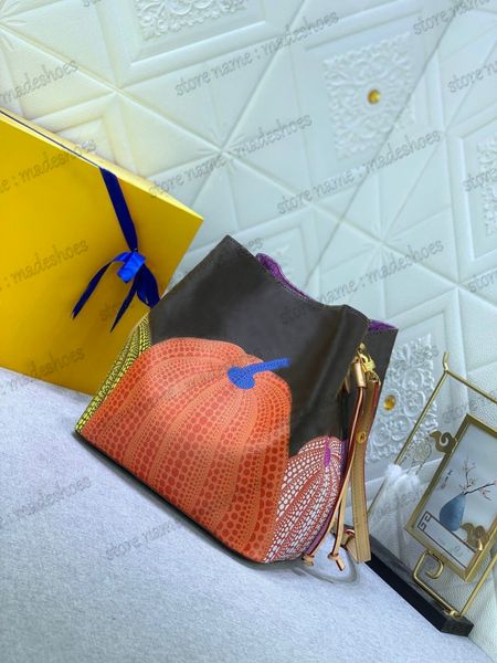 

pumpkin neonoe mm bucket bag monograms leather yayoi kusama dots cross body women luxurys designer neo noe colorful drawstring bags m46473