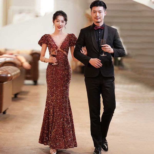 

senior designerbridal toast dresses with temperament sequins fish tail simple and generous design elegant engagement appreciation banquet ho, White;black