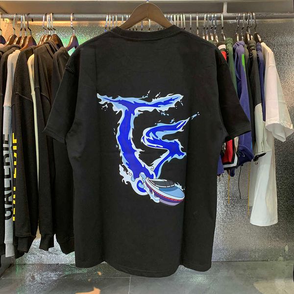 

fashion clothing tees small trendy trap speedboat spray print high weight pure cotton double yarn loose casual short sleeved t-shirt for men, White;black