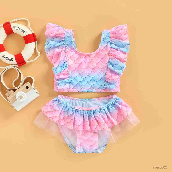 

two-pieces new toddler baby girls swimwear bikini set cute ice print ruffle swimsuit kids children mesh bathing suit, Blue