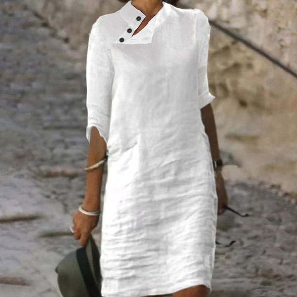 

casual dresses casual solid pullover dresses spring cotton linen loose medium length dress retro button stand collar half sleeve dress 23050, Black;gray