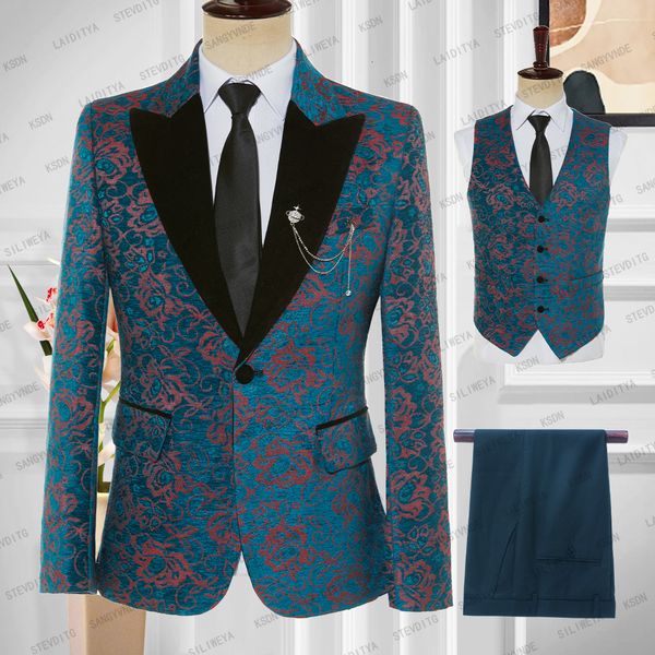 

men's suits blazers costume homme luxury party men's suit blue red jacquard black velvet lapel slim fit tuxedo 3 pcs setjacket pan, White;black