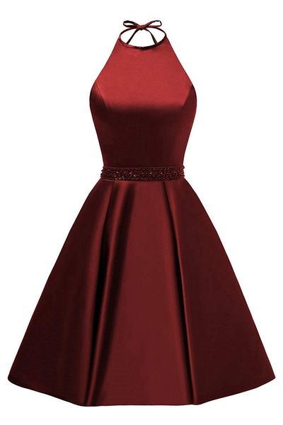 

short halter prom dresses beading sequins backless a-line satin lace-up plus size graduation cocktail homecoming formal evening party gown 2, Black