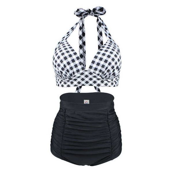 

women's plus size swimwear plus size women halter bikini set high waist push up swimsuit plaid vintage beach bathing suit swim wear ret, Black