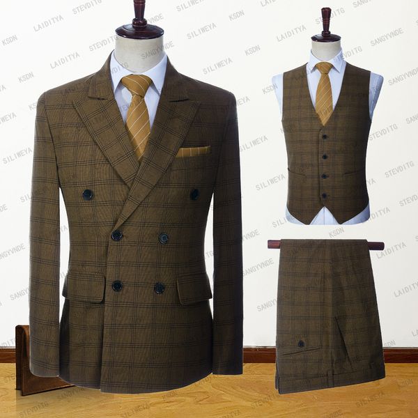 

men's suits blazers fashion men suits double breasted summer slim fit brown linen plaid tuxedo custom made groom 3 pcs set jacket vest, White;black