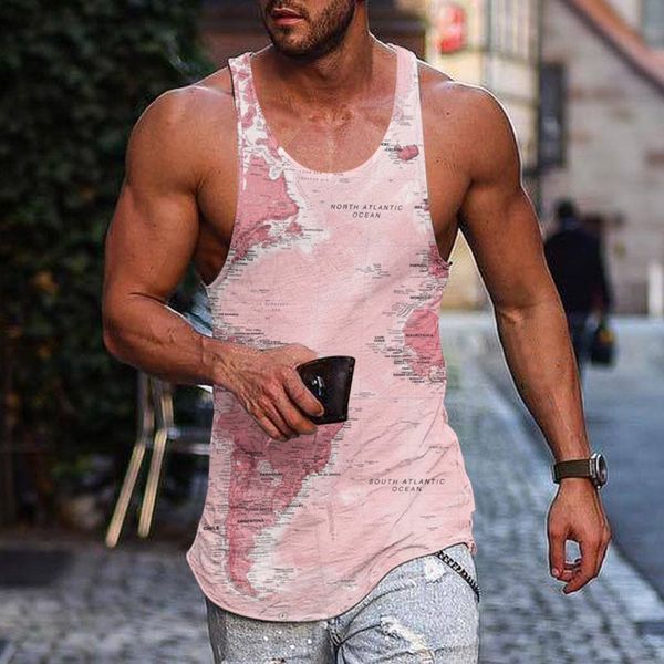 

men  tank kebugaran musim panas rompi otot binaraga pria kaus latihan olahraga 3d tanpa lengan cetakan peta merah muda 230509, White;black
