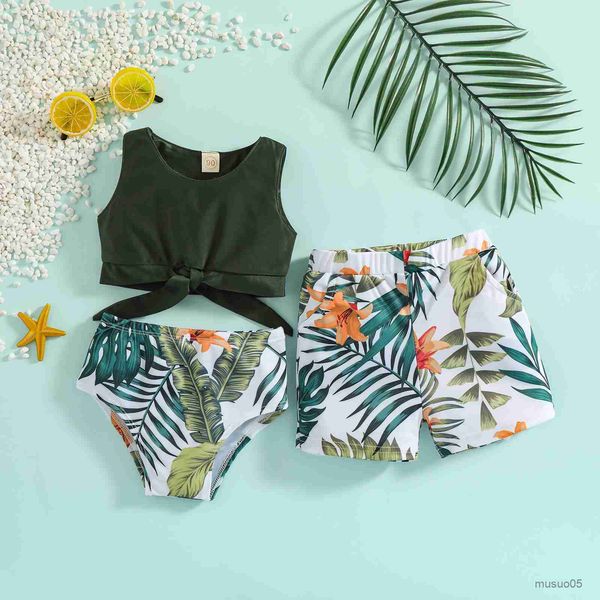

two-pieces summer family matching swimsuit new fashion sisters brothers leaf printed swimwear split bathing suit swim shorts, Blue