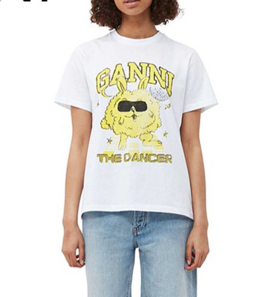 

gan 23ss women designer t shirt summer cotton new rock yellow print tees fashion loose short sleeve, White