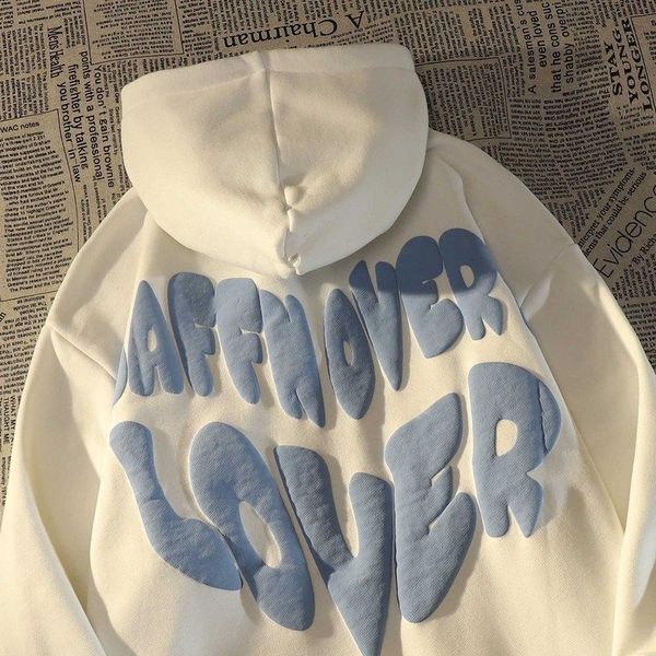 

men s hoodies sweatshirts american high street love dengan beludru dan hoodie tebal pria musim dingin longgar mode serbaguna ins style coupl, Black